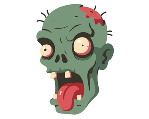 Grotesque cartoon zombie head with wide open mouth bulging eyes and decaying green skin perfect for halloween