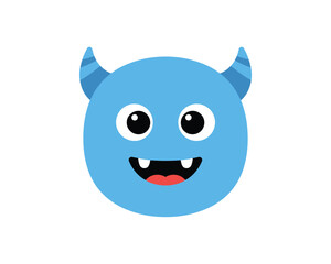 Cute blue cartoon monster with big eyes and sharp teeth smiling with small horns on a white background