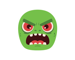 Furious green monster face with glowing red eyes and sharp teeth cartoon style expressing anger and aggression