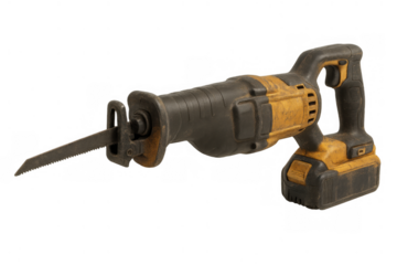 Reciprocating saw with a black and yellow body, complete with a saw blade and battery pack, on a transparent background