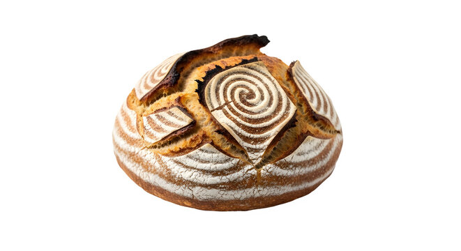 Freshly baked whole artisanal sourdough bread loaf with patterned crust for commercial advertising isolated PNG with Transparent Background - Powered by Adobe