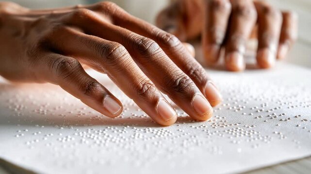 close-up of person&rsquo;s hands reading Braille text on white paper