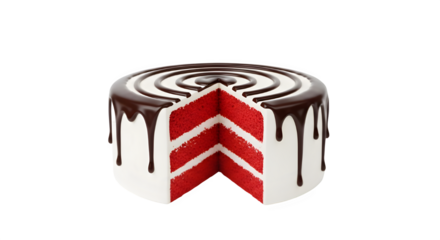 Delicious layered red velvet cake with chocolate drip frosting and a slice removed for bakery advertising isolated PNG with Transparent Background