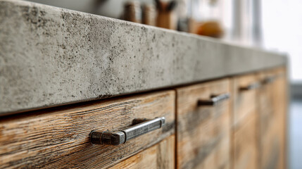 Rustic wooden kitchen cabinets with textured metal handles beneath a modern concrete countertop in a bright contemporary home setting with blurred background element