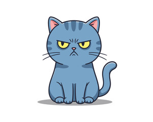 Adorable blue cartoon cat sitting and looking grumpy with intense yellow eyes and striped fur