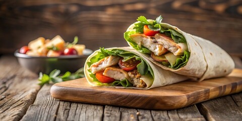 A delectable duo of grilled chicken wraps, brimming with fresh greens and ripe tomatoes, elegantly presented on a rustic wooden board.