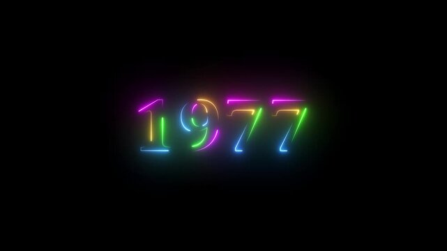 1977 neon line text. Abstract 1977 neon text animation ,For neon color Glowing neon number text background. 1977 title metal text on glowing text animation black background. glow old years animations