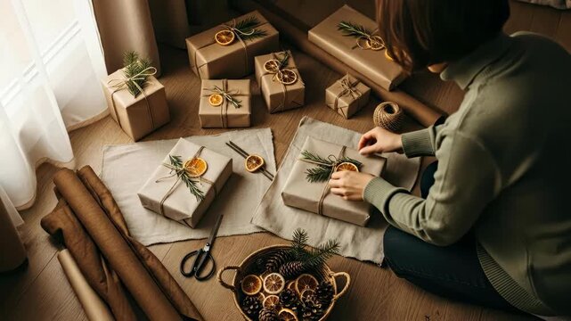 Woman decorating Christmas gift boxes with dried orange and fir branches in a cozy dark academia setting, video.