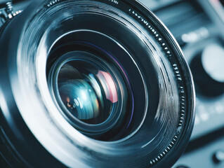 Detailed macro shot of a camera lens capturing reflections and intricate glass elements with soft natural lighting highlighting the textures and curvature