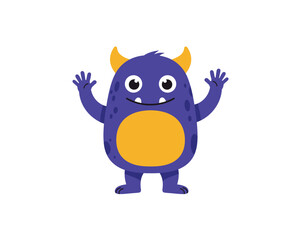 A cute and friendly cartoon monster with purple fur yellow eyes and horns waving its hands in a playful greeting