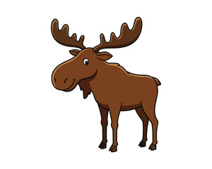 Cute cartoon moose with large antlers standing on a white background isolated illustration of a friendly forest animal