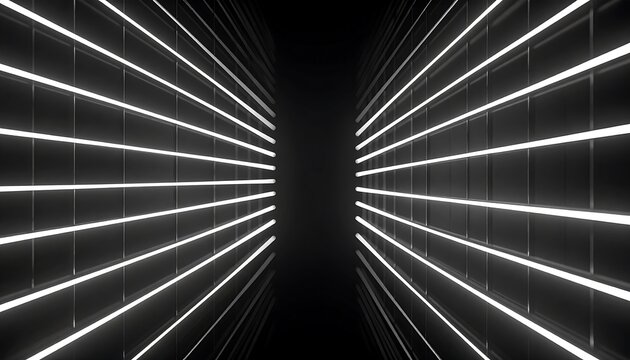 Perspective view of a dark corridor with a grid of illuminated lines on each wall, converging toward the center. The stark contrast is dramatic