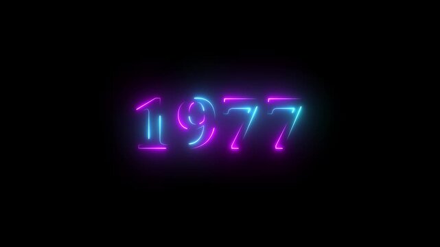1977 neon line text. Abstract 1977 neon text animation ,For neon color Glowing neon number text background. 1977 title metal text on glowing text animation black background. glow old years animations