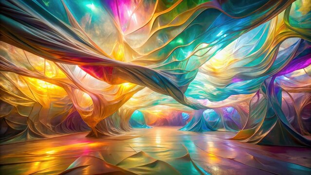 Abstract iridescent fabric installation, a flowing, colorful, and dreamlike interior space with glowing light effects, evoking a sense of wonder and mystery