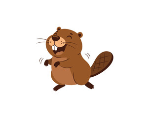 Joyful cartoon beaver with big teeth and a wide smile happily dancing and celebrating with excitement and glee