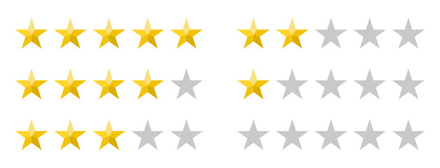 レビュー評価の星アイコンセット（5段階評価・カラーとグレー）ベクター素材