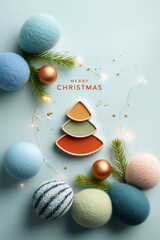 Eyeshadow palettes and scattered pigments form the festive shape of a Christmas tree. This Christmas beauty banner is perfect for beauty salons and decorative cosmetics advertising.