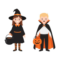Happy children celebrating autumn holidays, dressed in charming witch and vampire outfits for a fun trick-or-treat adventure during the festive season