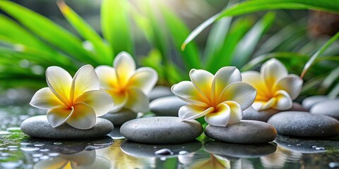 Fototapeta premium Serene Spa Scene Exquisite white and yellow blossoms delicately arranged on smooth grey stones, nestled amongst vibrant green foliage, reflecting in still water.