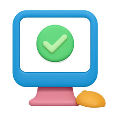 Modern 3D Computer Monitor Displaying a Green Checkmark Symbol Isolated on Transparent Background
