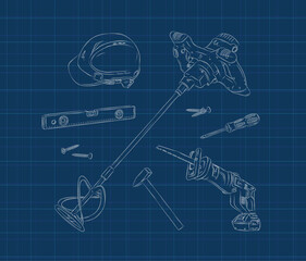 Construction tools composition hard hat, building level, mortar mixer, hammer, screwdriver, reciprocating saw, screw drawing in graphic style on blue background