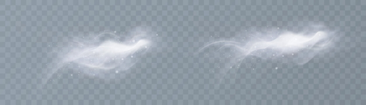 Semi-transparent white cloud-like smoke swirls on a transparent background, soft atmospheric haze for winter, weather, and magical compositions.