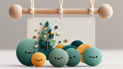 Felt postcard. Suitable for congratulating or promoting handmade projects.Cute cartoon owls sitting on whimsical teal hills. 