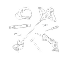 Construction tools composition hard hat, building level, mortar mixer, hammer, screwdriver, reciprocating saw, screw drawing in graphic style on white background