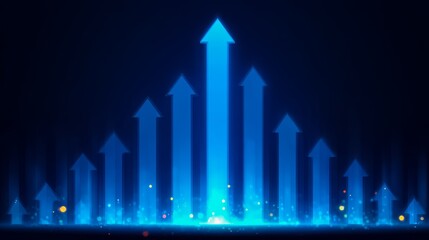 Blue background with a row of arrows pointing upwards. The arrows are spaced out. Concept of growth and progress