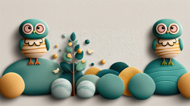 Felt postcard. Suitable for congratulating or promoting handmade projects.Cute cartoon owls sitting on whimsical teal hills. 