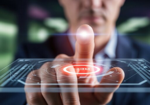 Businessman pressing a red record button on a futuristic touchscreen. Digital interface with biometric fingerprint authentication. Modern technology and security concept