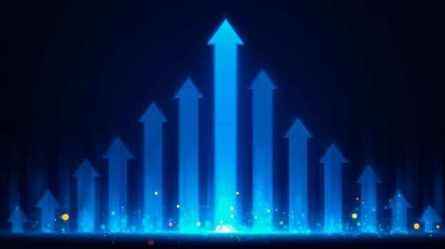 Blue background with a row of arrows pointing upwards. The arrows are spaced out. Concept of growth and progress
