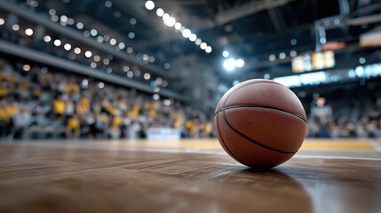 Ballon de basketball posé sur un parquet dans une arène sportive