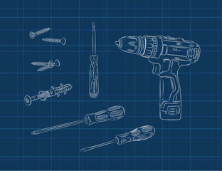 Construction tools set composition cordless drill, screwdriver, screw drawing in graphic style on blue background