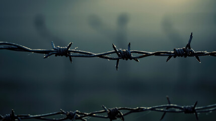 Close-up of rusty barbed wire and weathered metal fence with industrial texture
