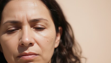 Obraz premium A middle-aged woman with sweat on her face experiencing a hot flash. Concept of menopause symptoms and hormonal changes. Copy space for text