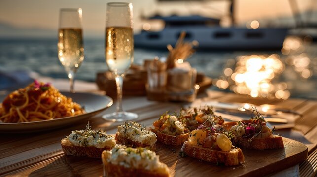 canap&eacute;s gastronomiques sur planche avec champagne, bord de mer