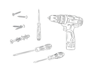 Construction tools set composition cordless drill, screwdriver, screw drawing in graphic style on white background