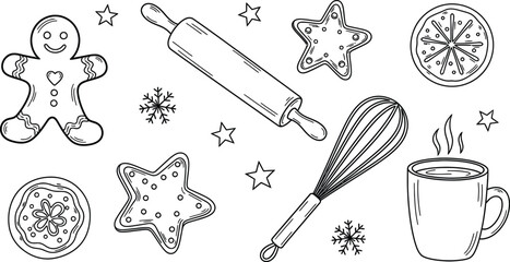  Doodle icons of holiday baking gingerbread man, cookies, rolling pin, whisk, and mug, festive line art.