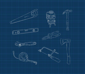 Repair tools set saw, hammer, laser and construction level, pliers, adjustable wrench, tape measure, axe drawing in graphic style on blue background.