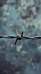Close-up of rusty barbed wire and weathered metal fence with industrial texture