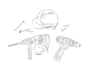 Powerful rotary hammer and regular drill set drawing in graphic style on white background