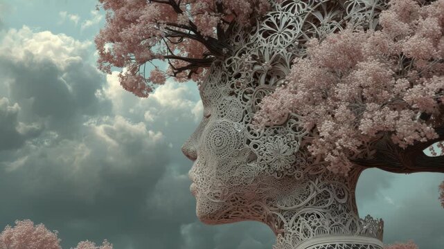 3D surreal art inspired by Victorian lace and elegance. A tree with clouds grows from a woman head, expressing emotional healing and mental wellness.