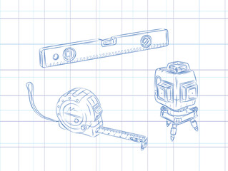 Measurable tools set roulette construction and laser level drawing in graphic style on light background