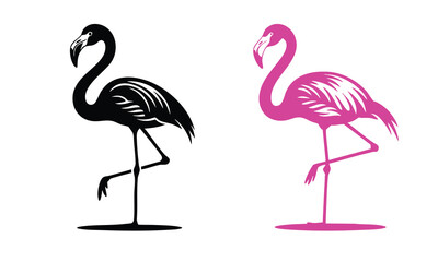 Fototapeta premium Black and Pink Flamingo Standing Silhouettes, Stylized Flamingo Graphic in Two Colors, Flamingo Standing on One Leg Illustration, vector, illustration, silhouette.