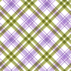 Hand painted illustration watercolor Olive violet stripes transparent background. Checkered tartan seamless pattern. Plaid material. Fabric, sketchbook, wallpaper, wrapping paper, cards, banner