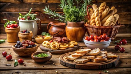 Fototapeta premium Rustic Wooden Tabletop Still Life Featuring an Assortment of Dried and Fresh Fruits, Vegetables, Bread, and Herbs