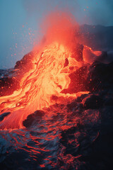 Flowing molten lava and glowing volcanic rock captured in dramatic natural light