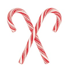 Two Red and White Candy Canes Crossed in X Shape on White Background
