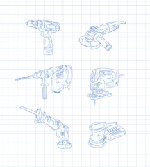 Power construction tools set drill, angle grinder, hammer drill, jigsaw, reciprocating saw, sander drawing in graphic style on light background